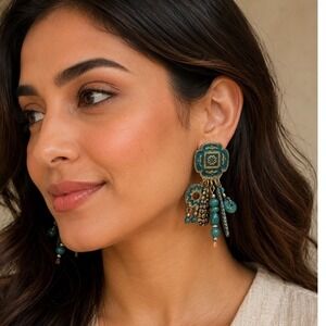 Bohemian Verdigris Patina Mixed Metal Teal Bead Drop Statement Earrings Post